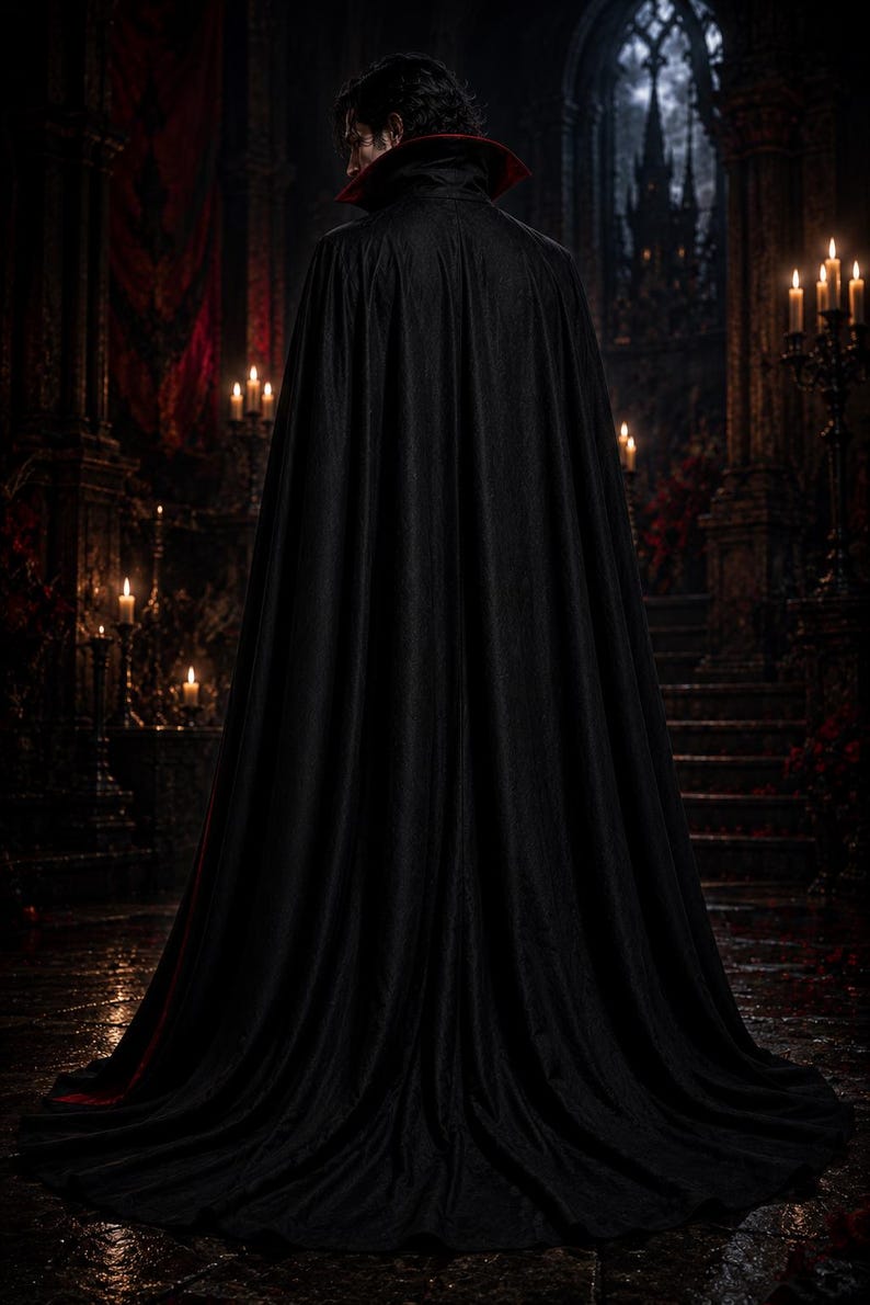 May include: A floor-length black cape with a high collar and a red inner lining. The garment features a structured, upright collar that frames the neck, with the fabric draping down to the floor in long, vertical folds from the shoulders.