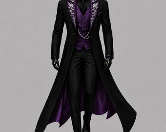 Puede incluir: Un abrigo largo negro con un chaleco morado con cadena plateada, camisa negra y pantalones negros. Las solapas del abrigo presentan un intrincado bordado floral blanco. El forro interior del abrigo largo es de un color morado intenso y vivo.