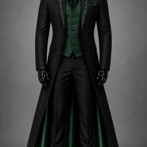 Men's Black Victorian Gothic Green Embroidered Tailcoat - Vampire Long Prince Coat, Steampunk Wedding Suit Cotton Masquerade Aristocrat Coat