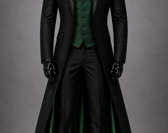 Men's Black Victorian Gothic Green Embroidered Tailcoat - Vampire Long Prince Coat, Steampunk Wedding Suit Cotton Masquerade Aristocrat Coat