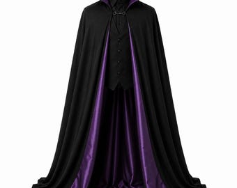 Black Vampire Cloak for Men, Gothic Dracula Theme Cape, Cotton Halloween Cloak, Purple Lining Cape, Medieval Vampire Costume Cosplay
