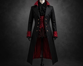 Victorian Gothic Black Red Tailcoat – Vampire Cotton Long Wedding Trench Coat – Steampunk Masquerade Wear Dracula Halloween Cosplay Costume