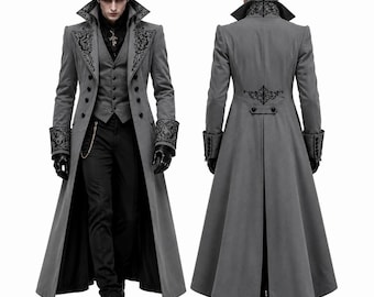Gothic Gray Vampire Tailcoat Gothic Long Coat |  Dracula Prince Jacket | Black Embroidered Gothic Dracula Coat | Halloween Cosplay Outfit