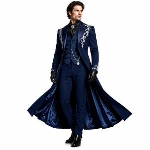Tailcoat gothique victorien bleu marine pour homme | Manteau Prince brodé argenté | Veste de mariage steampunk aristocrate | Trench fait main