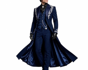 Men's Navy Blue Gothic Victorian Tailcoat | Silver Embroidered Prince Coat | Steampunk Aristocrat Wedding Jacket | Handmade Trench Coat