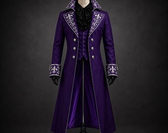 Purple Gothic Tailcoat, Victorian Vampire Coat, Baroque Cosplay Steampunk Jacket, Fleur Embroidered Wedding Coat, Gothic Masquerade Costume