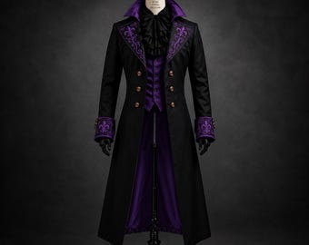 Men's Gothic Victorian Black Tailcoat - Vampire Long Purple Fleur Embroidered Frock Coat Steampunk Wedding Groom Trench Suit Masquerade Coat