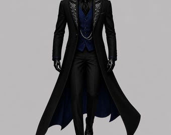 Men's Steampunk Victorian Coat Gothic Wedding Tailcoat- Royal Rose Embroidered Cotton Prince Military Coat Formal Tuxedo Cosplay Costume