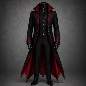 May include: A black long coat with a high collar and red floral embroidery, worn over a black vest with silver buttons, a black shirt with a decorative brooch, and black trousers. The coat features a deep red lining and a pointed hemline design.