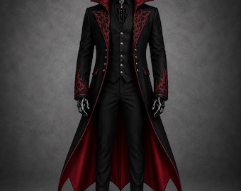 Victorian Gothic Red Embroidered Tailcoat – Vampire Black Cotton Long Wedding Masquerade Coat, Steampunk Gothic Dracula Cosplay Costume