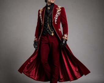 Burgundy Gothic Tailcoat for Men, Victorian Vampire Coat - Embroidered Steampunk Jacket -Halloween Costume Wedding Coat Gothic Formal Wear