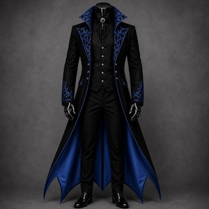 May include: A black long coat with a high collar and blue floral embroidery, worn over a black vest with silver buttons, a black shirt with a decorative brooch, and black trousers. The coat features a vibrant blue lining and a pointed hemline.