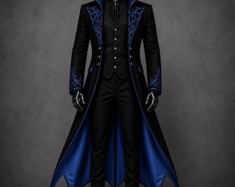 Victorian Men's Gothic Royal Blue Embroidered Tailcoat – Black Vampire Cotton Long Masquerade Coat, Steampunk Gothic Dracula Cosplay Costume