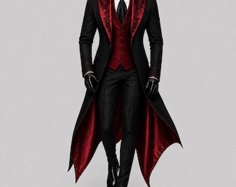 Men's Gothic Blood Red Wedding Tailcoat | Victorian Vampire Tuxedo | Black Embroidered Formal Cotton Coat | Gothic Groom Halloween Costume