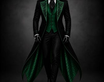 Gothic Mens Emerald Green Wedding Tailcoat | Victorian Vampire Tuxedo | Embroidered Formal Cotton Coat | Steampunk Halloween Cosplay Costume