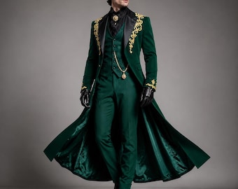 Emerald Green Victorian Tailcoat for Men, Gold Embroidered Gothic Wedding Coat, Steampunk Vampire Prince Formal Masquerade Cosplay Jacket