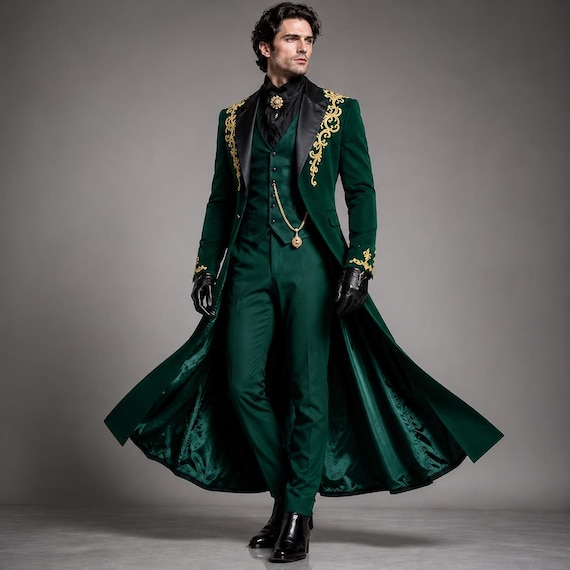 Emerald Green Victorian Tailcoat for Men, Gold Embroidered Gothic Wedding Coat, Steampunk Vampire Prince Formal Masquerade Cosplay Jacket