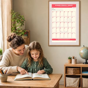 May include: A rectangular wall poster titled 30-BOOK MAGICAL LIBRARY with a light cream background and red accents. It features a grid of thirty numbered squares for tracking book reading progress, with a faint line drawing of a dragon overlay.