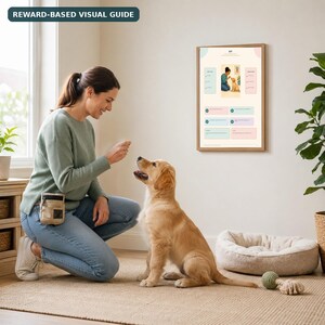 Könnte beinhalten: Ein gerahmtes Lehrplakat mit dem Titel REWARD-BASED VISUAL GUIDE, das eine schrittweise Anleitung zeigt, wie man einem Hund das Sitzen beibringt, aufgehängt an einer Wand über einem Golden Retriever Welpen auf einem Teppich.