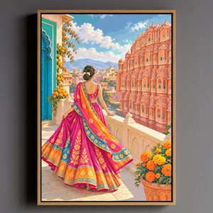 Könnte beinhalten: Ein gerahmter Kunstdruck, der eine Person von hinten zeigt, bekleidet mit einem leuchtend pinken und orangen Lehenga mit komplexen Goldmustern. Die Szene zeigt einen Balkon mit Blick auf einen großen, verzierten rosafarbenen Palast.