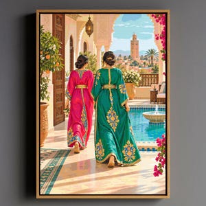 May include: A framed wall art print depicting two figures walking away from the viewer on a tiled patio. One figure wears a vibrant magenta kaftan with gold embroidery, and the other wears a teal kaftan with gold patterns, both featuring wide sleeves.