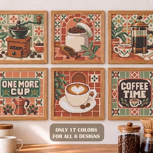 Korsstygnsmönsterpaket med kaffe i PDF-format | 6 miniköksdesigner med heltäckande motiv