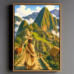 Puede incluir: Una impresión de arte mural vertical enmarcada que muestra a una persona con una túnica color crema en un camino de piedra con vistas a las ruinas de Machu Picchu. Una llama está a la izquierda, con montañas en terrazas y cielo azul nublado.