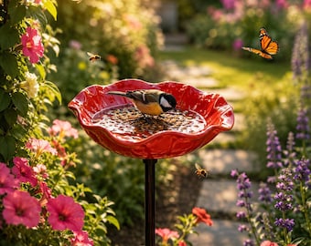 Flower Bird Bath | Decorative Outdoor Bird Feeder | Garden Stake Decor