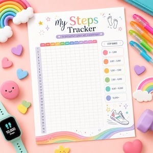 Puede incluir: Una hoja de seguimiento de pasos titulada My Steps Tracker A colorful year of movement con una cuadrícula para 31 días y 12 meses, una leyenda de rango de pasos codificada por colores e ilustraciones de zapatillas, arcoíris y estrellas en fondo rosa.