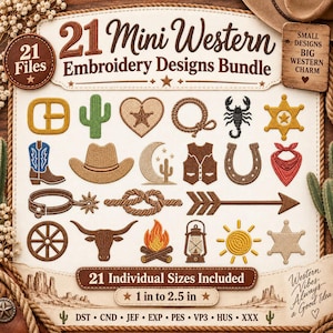 Op de afbeelding: Een digitaal borduurontwerppakket met 21 western-thema iconen zoals een cowboyhoed, laarzen, cactus, hoefijzer en sheriffster. De tekst bevat 21 Mini Western Embroidery Designs Bundle, 21 Files en 2,5 cm tot 6,4 cm voor de afmetingen.