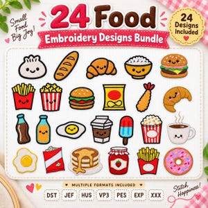 Puede incluir: Una colección digital de 24 diseños de bordado de comida con caras sonrientes en hamburguesas, patatas fritas, palomitas, croissants, tortitas, donuts, huevos y bebidas. El texto dice 24 Food Embroidery Designs Bundle.