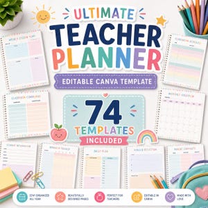 Puede incluir: Un conjunto de plantillas editables en Canva para planificadores de maestros con 74 páginas que incluyen planes de lecciones semanales, horarios, rastreadores de comportamiento y resúmenes mensuales en tonos pastel.
