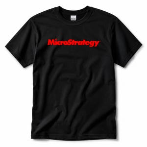 May include: A black short-sleeved t-shirt featuring the word MicroStrategy printed in bold red letters across the chest. The garment has a crew neckline and a standard fit, with a Gildan brand label visible on the inside of the collar area.