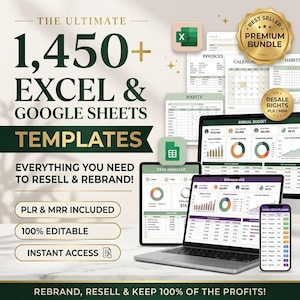 May include: A digital bundle of 1,450+ Excel and Google Sheets templates featuring task managers, annual budgets, and social media planners. The display includes a laptop, tablet, and smartphone showing data dashboards, with gold badges indicating best seller status and resale rights.