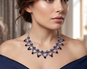 Elegant Royal Blue Necklace with Swarovski Crystals and Bicone, Handmade Bridal and Ceremony Choker, Elegant Blue and Silver Craftsmanship