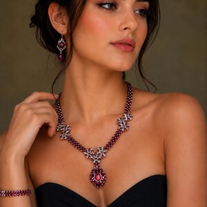 Può includere: Un set di gioielli in perline composto da una collana, un bracciale e un paio di orecchini. I pezzi sono realizzati con piccole perline rosso scuro e dettagli color argento, con un ciondolo centrale sulla collana con una pietra rossa.