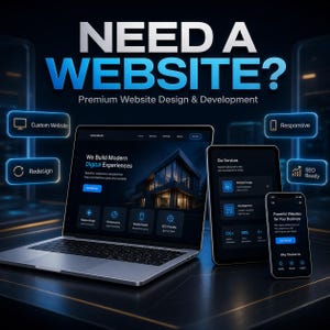 May include: A laptop, tablet, and smartphone displaying website design services with the text "NEED A WEBSITE? Premium Website Design & Development" and labels for "Custom Website," "Redesign," "Responsive," and "SEO Ready" in a dark blue theme.