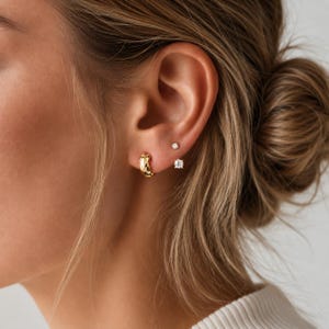 Gold and Silver Earrings,Ear Jacket Studs,Textured Huggie Hoops,Copper Pierced Earring Set, Dainty Gift for Her