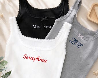 Personalized Embroidered Lace Trim Ribbed Tank Top, Custom Name Tank, Bride Bachelorette Outfit, Bridesmaid Gift, Custom Women Camisole