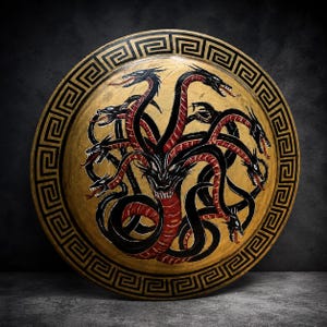 May include: A circular shield featuring a gold-toned surface with a black Greek key border. The center displays a multi-headed hydra creature painted in black and red, with numerous serpentine necks and heads extending outward from a central body.