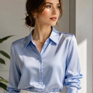 Camicetta da donna in raso con bottoni sul davanti, elegante, casual da ufficio, a maniche lunghe, stile francese.