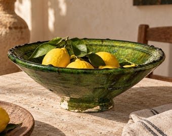 Tamegroute Ceramic Bowl 30cm | Large Green Moroccan Pottery | Handmade Rustic Fruit Bowl | Wabi Sabi Boho Kitchen Decor