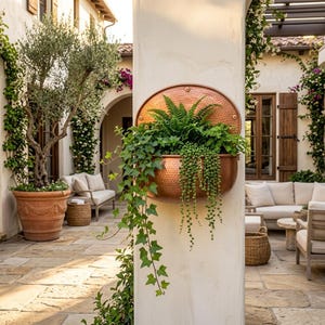 May include: A semi-circular wall-mounted planter made of hammered copper. The planter features a textured, dimpled surface and is filled with a variety of green plants, including trailing ivy and a string of pearls plant, cascading over the edge.