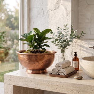 Könnte beinhalten: Eine gehämmertes Kupferschale mit Sockel, die eine grüne Geigenfeige enthält, neben einem Holztablett mit drei gerollten beigen Handtüchern, einer braunen Glas-Pumpspenderflasche mit der Aufschrift SPA und einem kleinen glatten Stein.