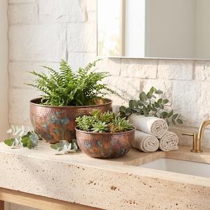May include: Two round, hammered copper bowls with a weathered, teal-patina finish. The larger bowl contains a lush green fern, while the smaller bowl holds a variety of small, fleshy succulents. Both bowls sit on a light-coloured stone countertop.