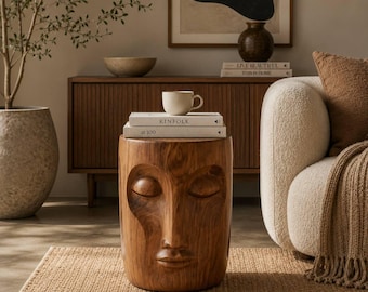 Handcrafted Teak Wood Face Side Table – Sculptural Accent Table for Modern Living