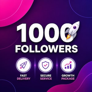 Op de afbeelding: Een digitale afbeelding met de tekst 1000 FOLLOWERS in een groot wit lettertype met een raketillustratie. Daaronder staan drie ronde iconen met de tekst FAST DELIVERY, SECURE SERVICE en GROWTH PACKAGE op een paarse en roze gradiënt achtergrond.