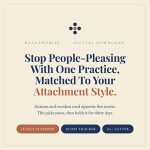 Può includere: Un documento digitale da scaricare intitolato Stop People-Pleasing With One Practice, Matched To Your Attachment Style. Include un manuale di 18 pagine, un tracker di 30 giorni, disponibile in formato A4 e letter, con testo blu scuro e terracotta.
