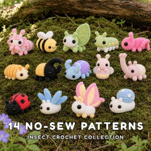 Lot de 14 modèles d'insectes au crochet, collection PDF d'amigurumis mignons, faciles à réaliser et adaptés aux débutants.