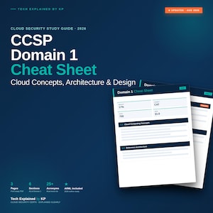 Op de afbeelding: Een digitale studiegids getiteld CCSP Domain 1 Cheat Sheet: Cloud Concepts, Architecture & Design, bijgewerkt in augustus 2026. Het document heeft een donkerblauwe achtergrond met groenblauwe tekst en toont examen- en scoregegevens.